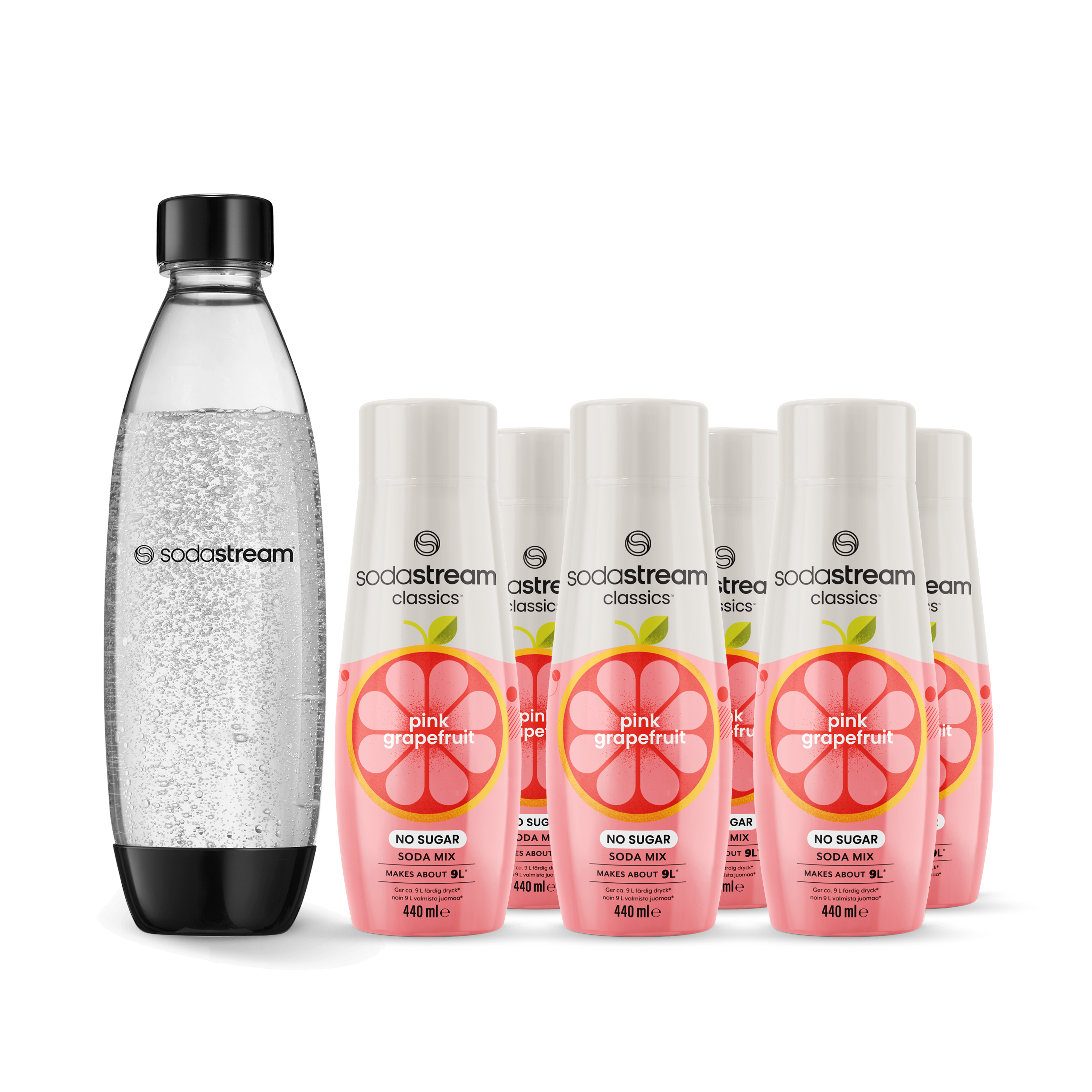 6-pack Pink Grapefruit + 1L Diskmaskinssäker Flaska Fuse sodastream